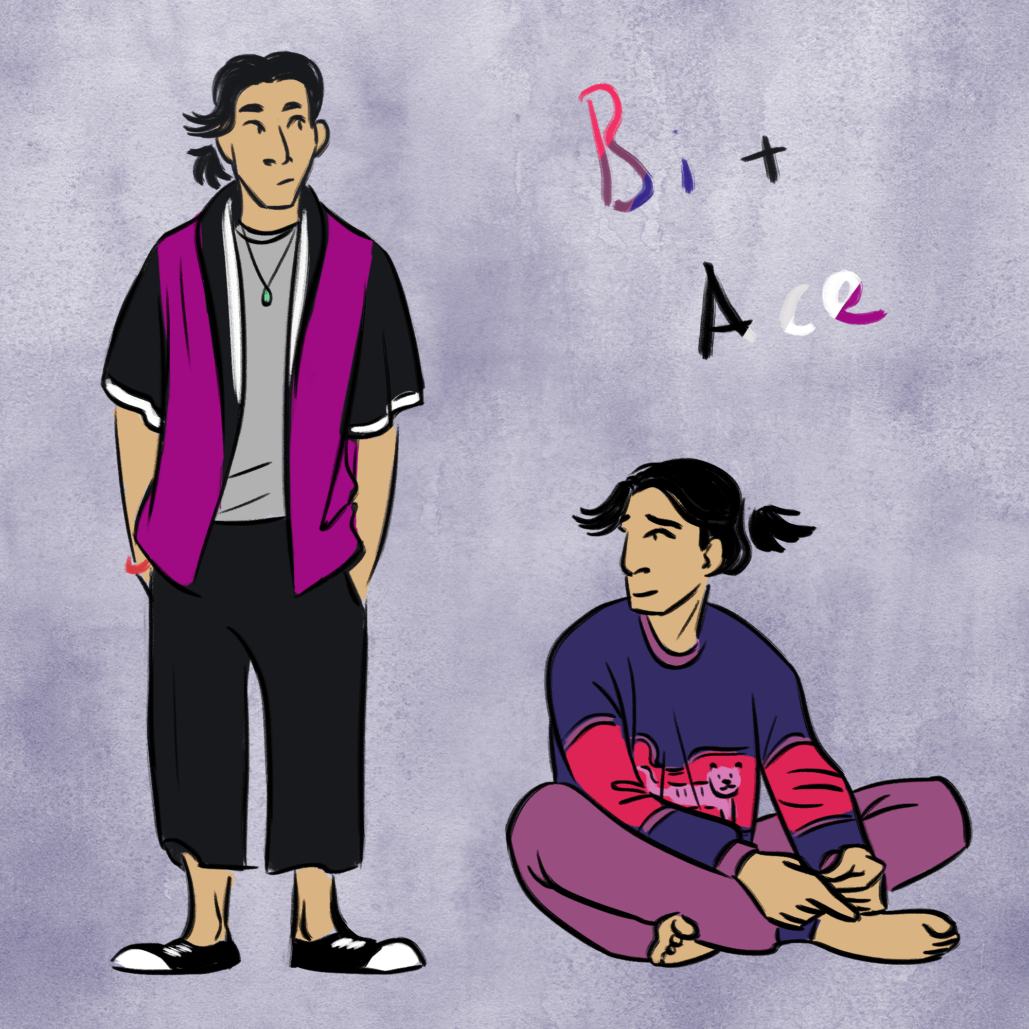 Sketches of Kai wearing clothes in the bi and ace flag colours.